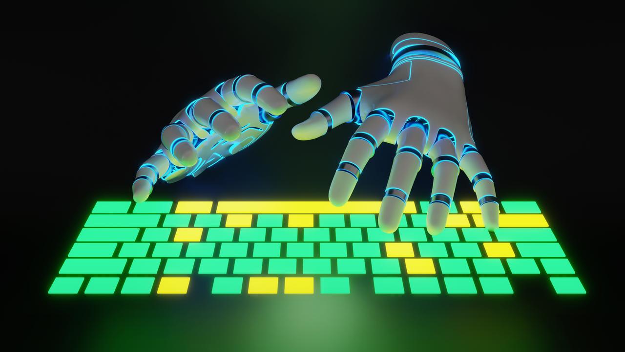 Weiße Roboterhände tippen auf einer grün-gelb leuchtenden Neonlicht-Tastatur vor schwarzem Hintergrund.