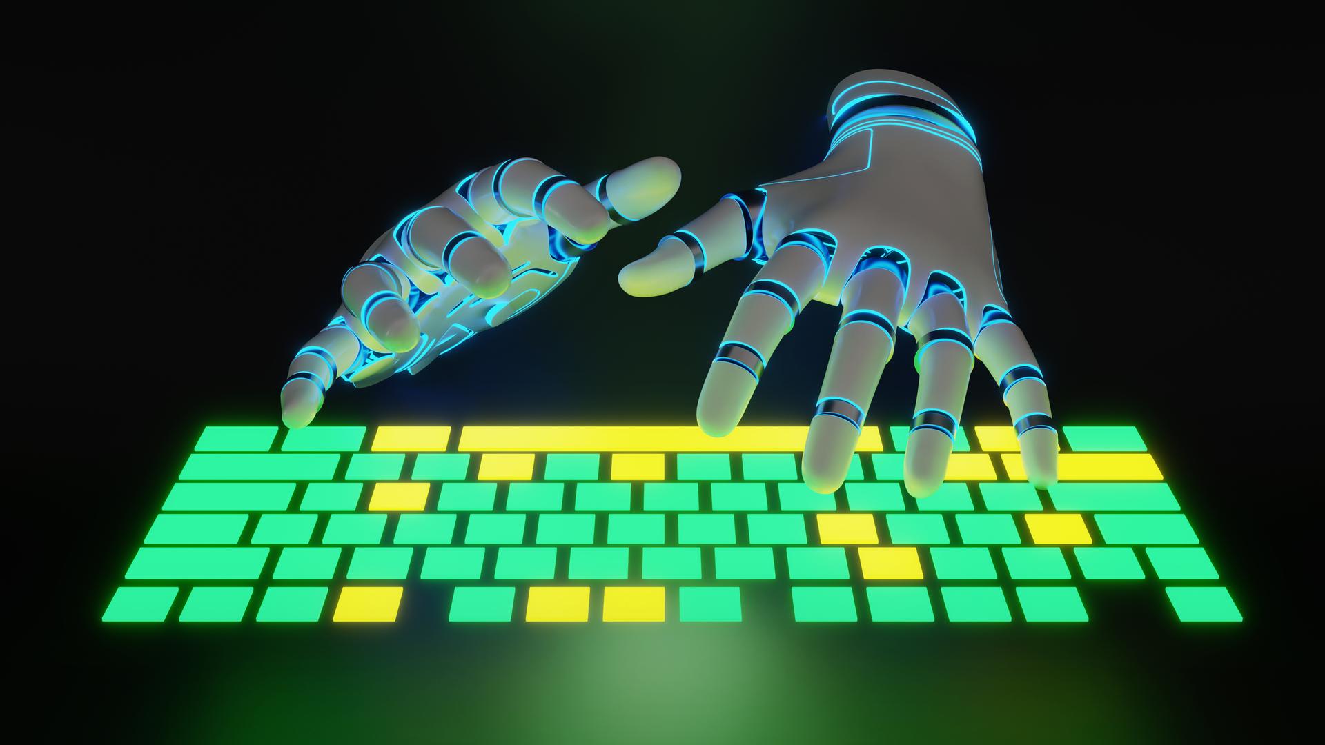Weiße Roboterhände tippen auf einer grün-gelb leuchtenden Neonlicht-Tastatur vor schwarzem Hintergrund. Weiße Roboterhände tippen auf einer grün-gelb leuchtenden Neonlicht-Tastatur vor schwarzem Hintergrund.