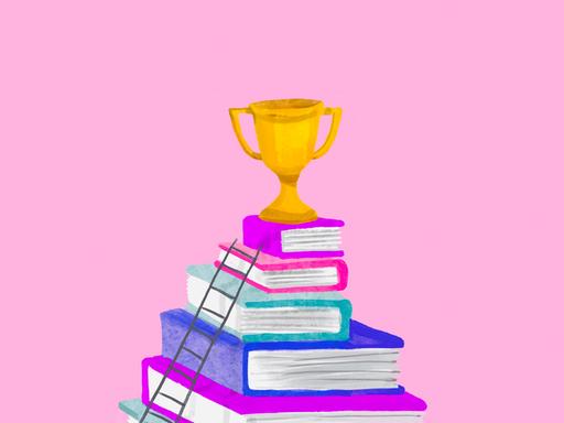 Illustration: Ein goldener Pokal auf einem Bücherstapel, an dem eine Leiter lehnt