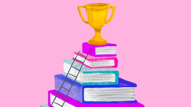 Illustration: Ein goldener Pokal auf einem Bücherstapel, an dem eine Leiter lehnt