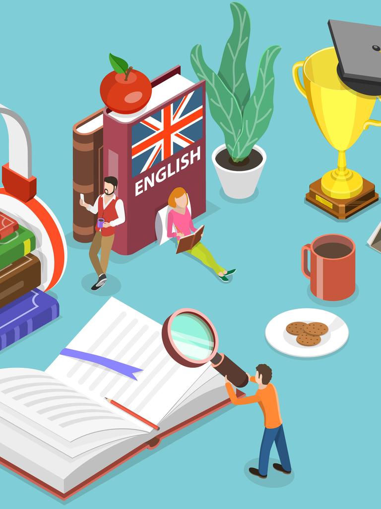 Illustration von verschiedenen kleinen Figuren, die eine Sprache lernen könnten. Eine Figur hält eine riesige Lupe über ein Schriftstück. Eine andere Figur ist gemütlich an ein großes Buch mit der Aufschrift "Englisch" gelehnt.