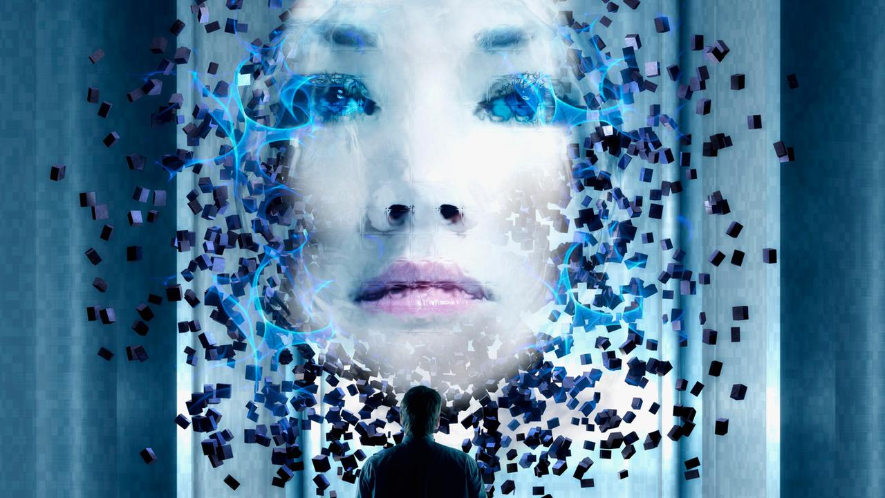 Ein Mann betrachtet das Hologramm des Gesichts einer jungen Frau.