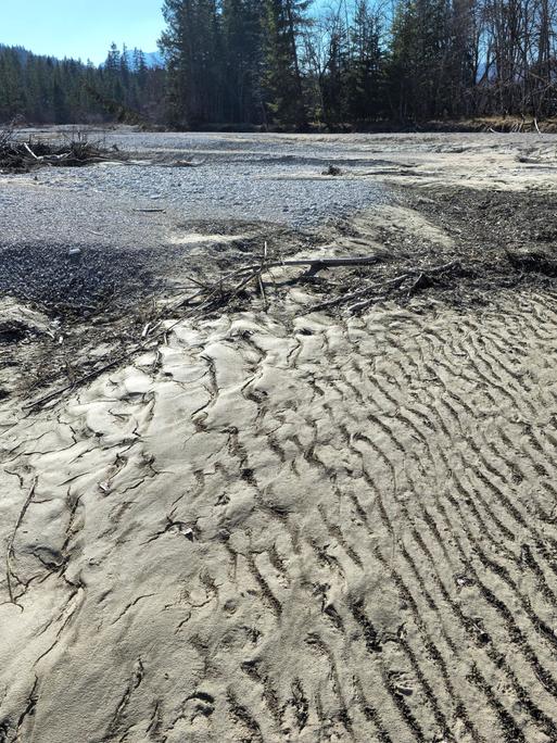 Trockenes Flussbett mit Spuren von Wellen auf dem Sand Trockenes Flussbett mit Spuren von Wellen auf dem Sand