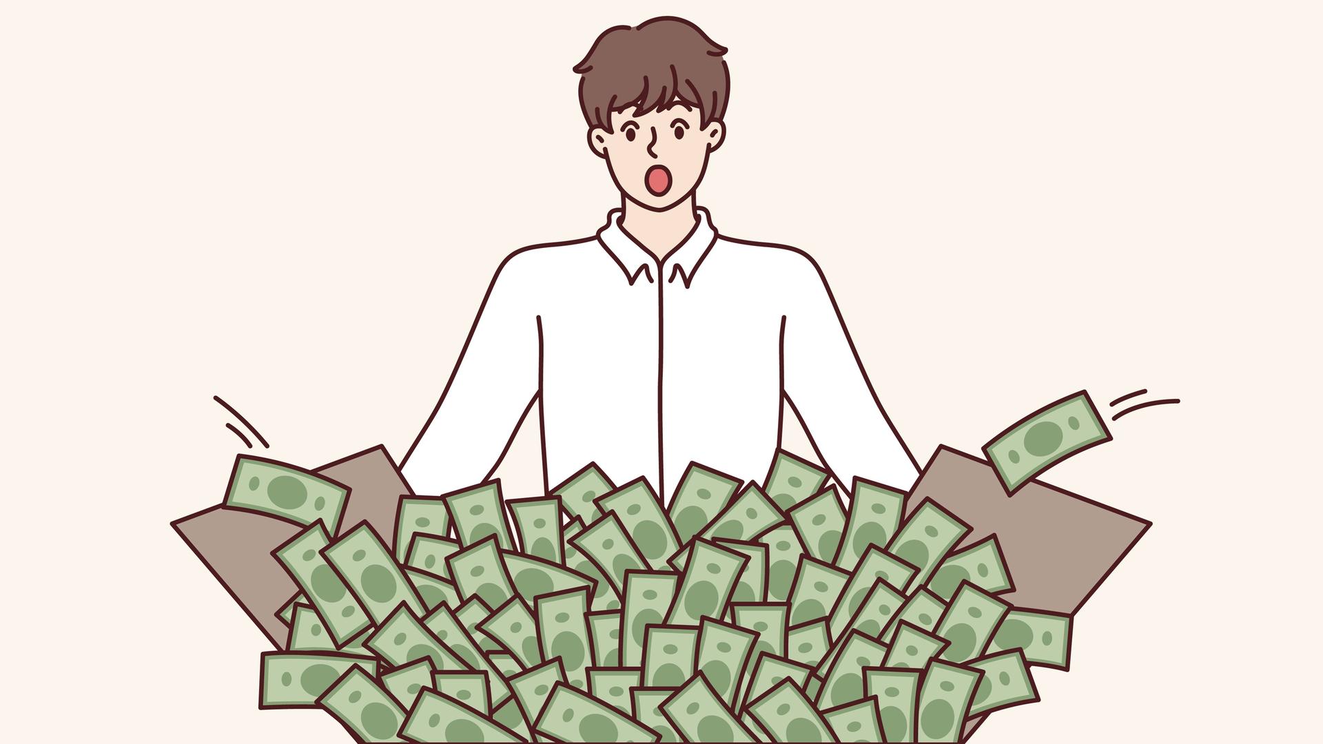 Ein schockierter Mann schaut auf eine Kiste voller Geld und ist überrascht, einen großen Gewinn aus einer Investition in den Aktienmarkt zu erhalten.