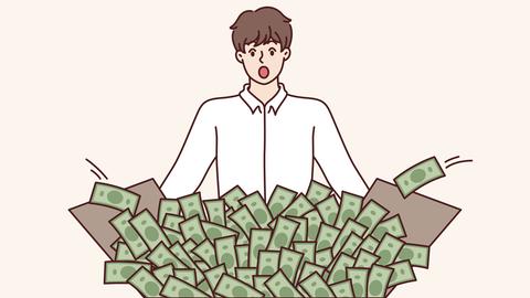 Ein schockierter Mann schaut auf eine Kiste voller Geld und ist überrascht, einen großen Gewinn aus einer Investition in den Aktienmarkt zu erhalten.