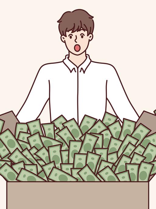 Ein schockierter Mann schaut auf eine Kiste voller Geld und ist überrascht, einen großen Gewinn aus einer Investition in den Aktienmarkt zu erhalten.