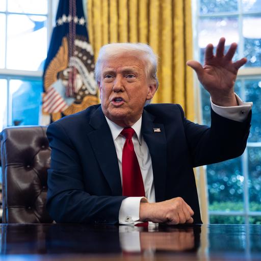 US-Präsident Donald Trump im Anzug mit roter Krawatte im Weißen Haus am Schreibtisch. Hinter ihm eine US-Flagge. Er gestikuliert gut gelaunt mit einer Hand.