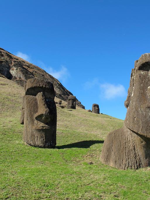 09.10.2012, Chile, Rapa Nui: In Stein geschlagene Köpfe, «Moais», stehen auf einem Feld auf der Osterinsel. 