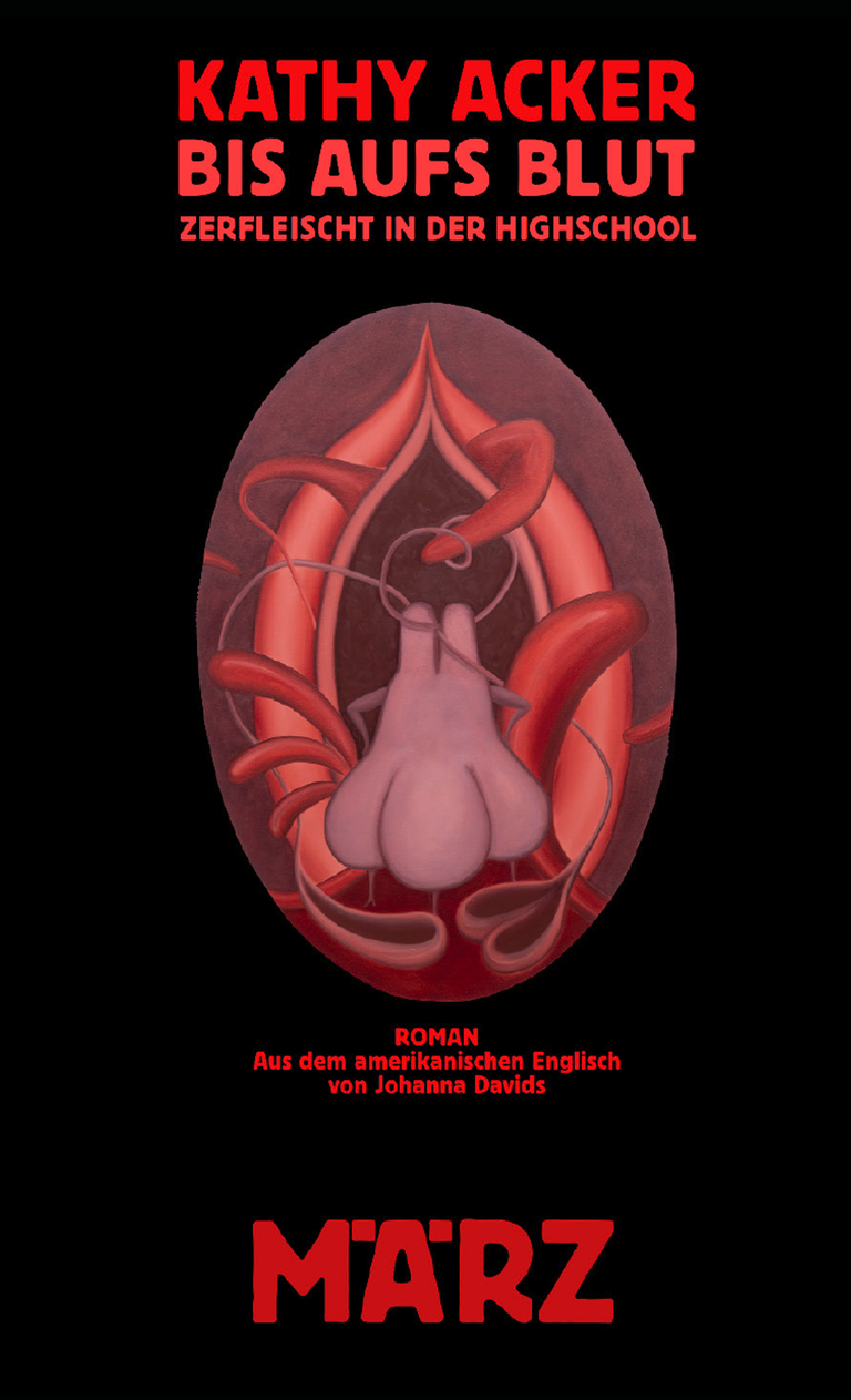 Das Cover von „Bis aufs Blut“ zeigt Autorennamen und Buchtitel in roter Schrift auf schwarzem Hintergrund. Darunter ist ein gezeichnetes vulva-ähnliches Gebilde zu sehen.