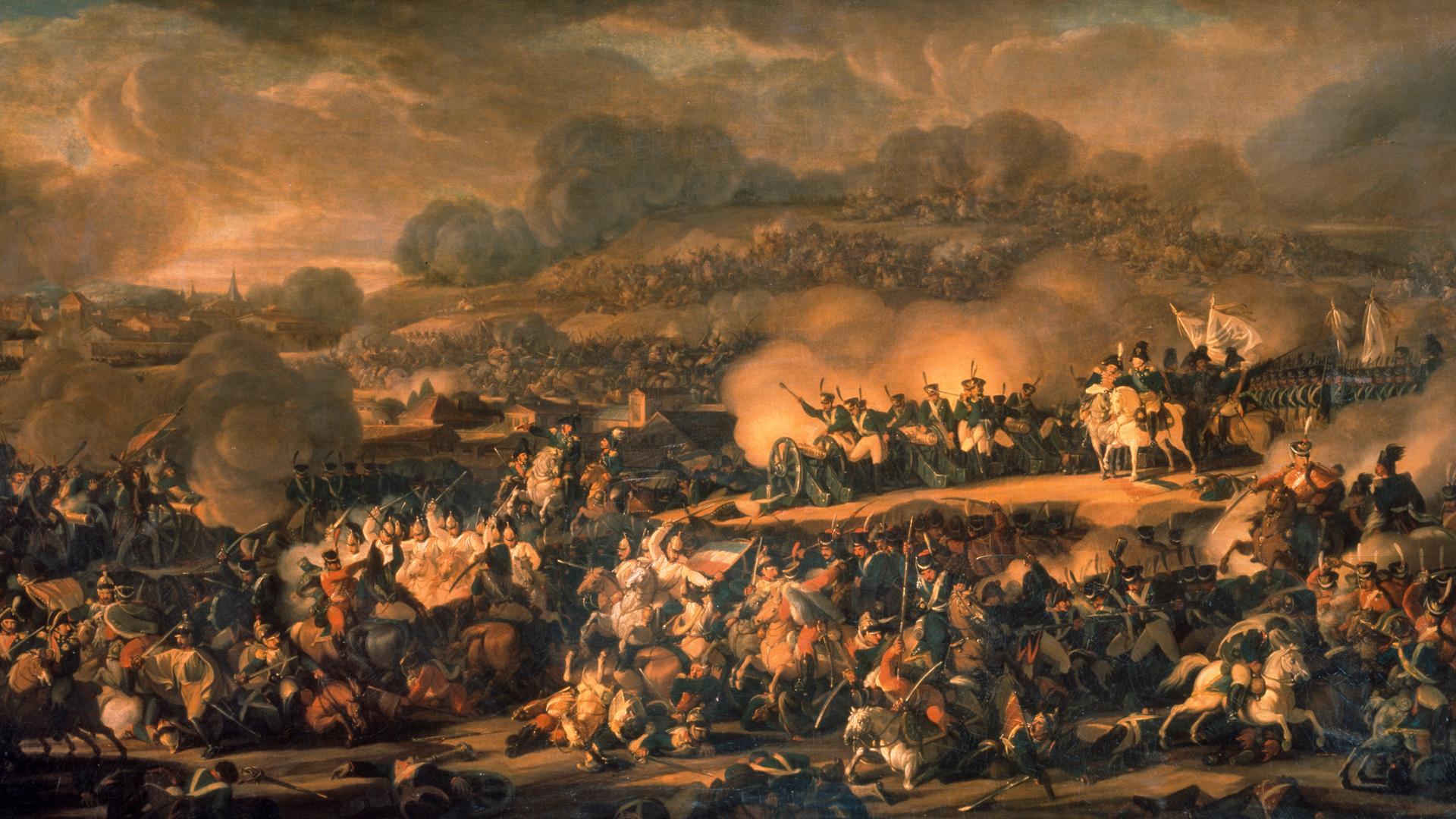 Ein Gemälde aus dem frühen 19. Jahrhundert zeigt das Kampfgeschehen in der Völkerschlacht bei Leipzig