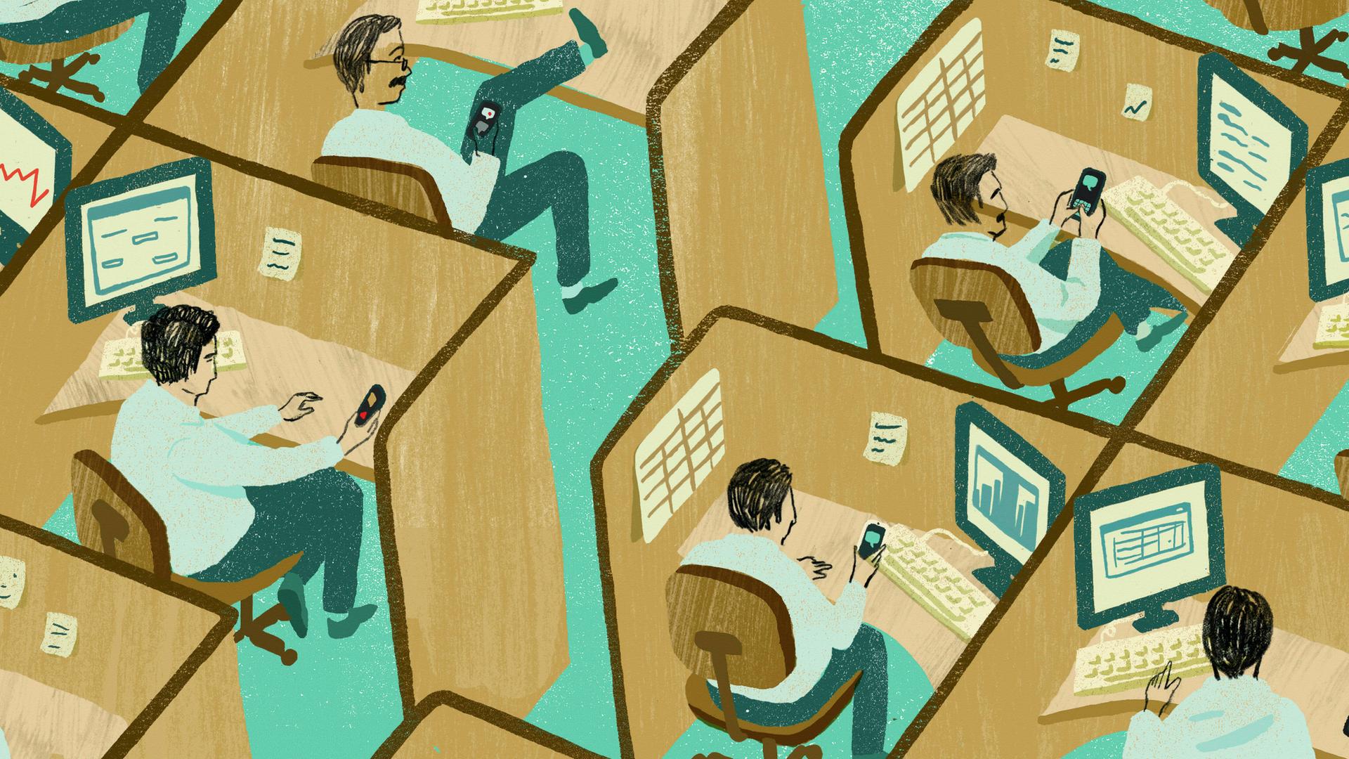 Viele Büroangestellte verschwenden ihre Zeit mit Telefonen bei der Arbeit 
