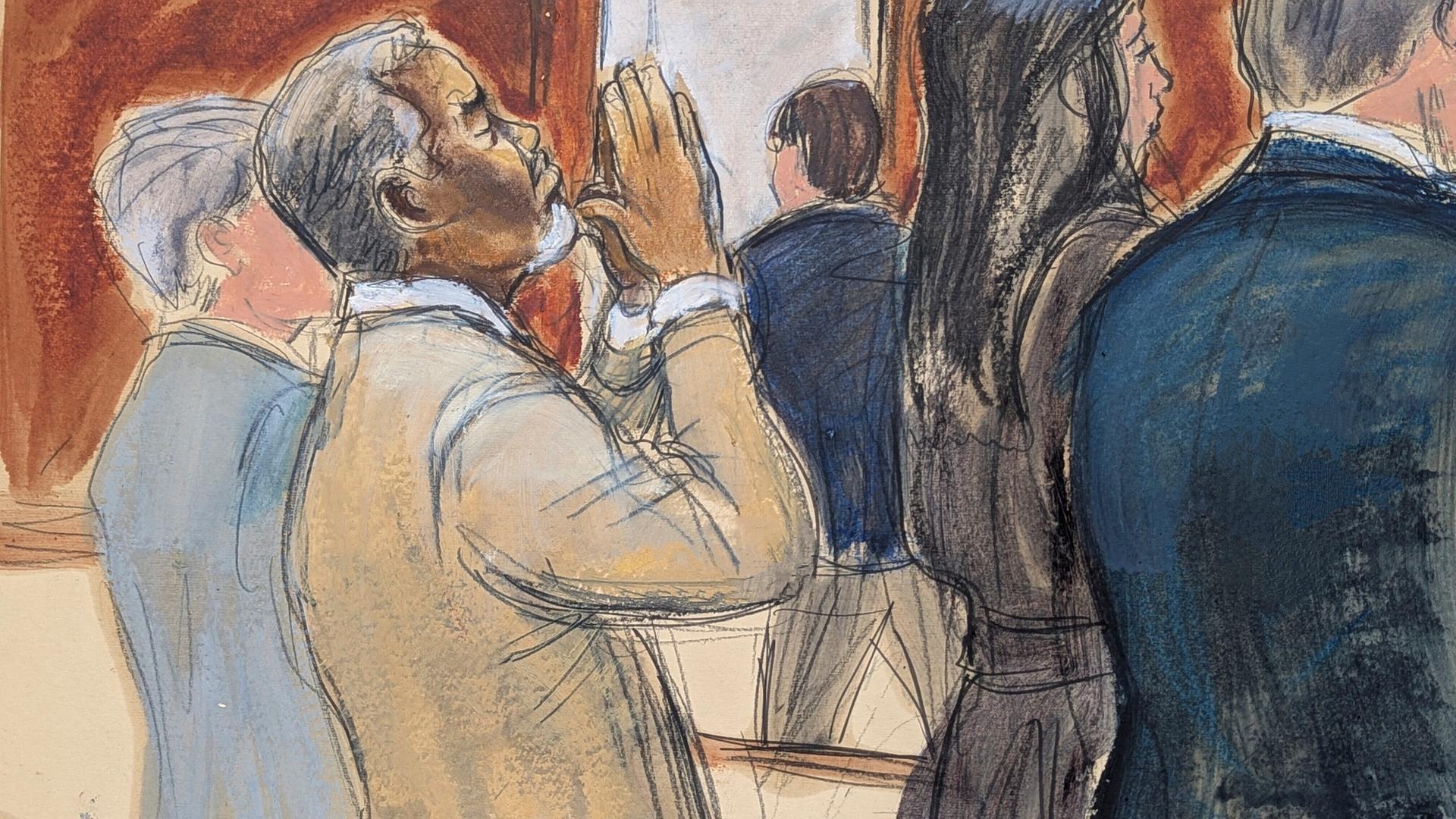 In dieser Zeichnung aus dem Gerichtssaal reagiert Sean "Diddy" Combs auf das Urteil der Geschworenen. Es gab: Dreimal unschuldig und zweimal schuldig. 
