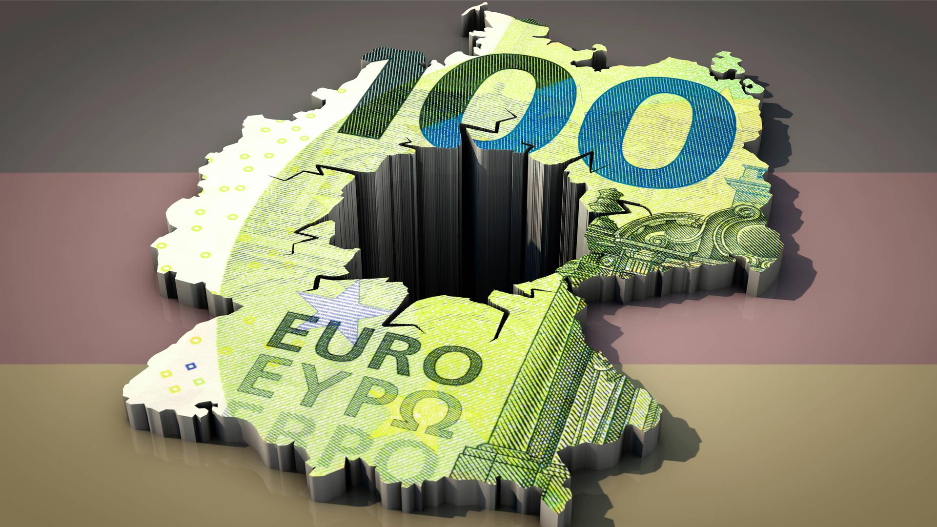 Die Umrisse von Deutschland in der Farbe eines Hundert-Euro-Scheins. In der Mitte klafft ein Abgrund. Im Bildhintergrund ist die deutsche Flagge zu sehen. Die Umrisse von Deutschland in der Farbe eines Hundert-Euro-Scheins. In der Mitte klafft ein Abgrund. Im Bildhintergrund ist die deutsche Flagge zu sehen.