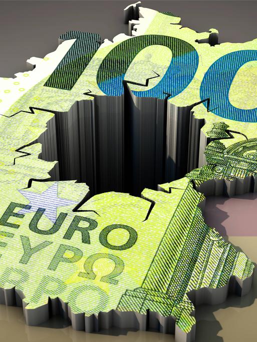 Die Umrisse von Deutschland in der Farbe eines Hundert-Euro-Scheins. In der Mitte klafft ein Abgrund. Im Bildhintergrund ist die deutsche Flagge zu sehen.