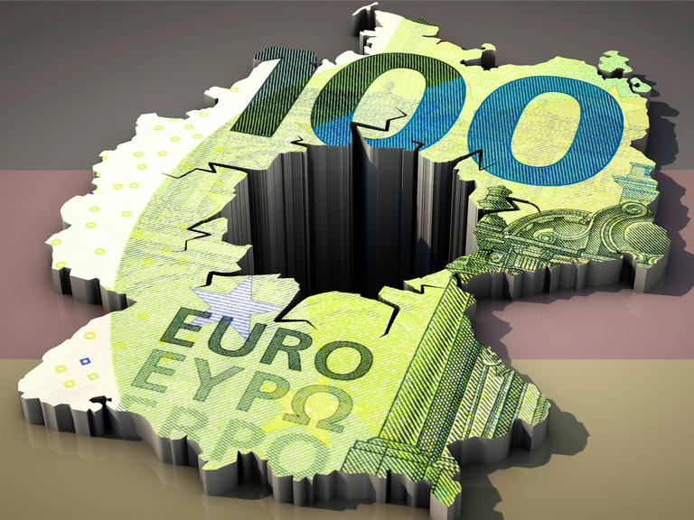 Die Umrisse von Deutschland in der Farbe eines Hundert-Euro-Scheins. In der Mitte klafft ein Abgrund. Im Bildhintergrund ist die deutsche Flagge zu sehen.