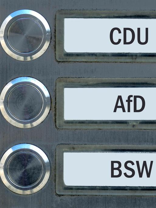 Klingelschilder mit den Parteien CDU, AfD und BSW