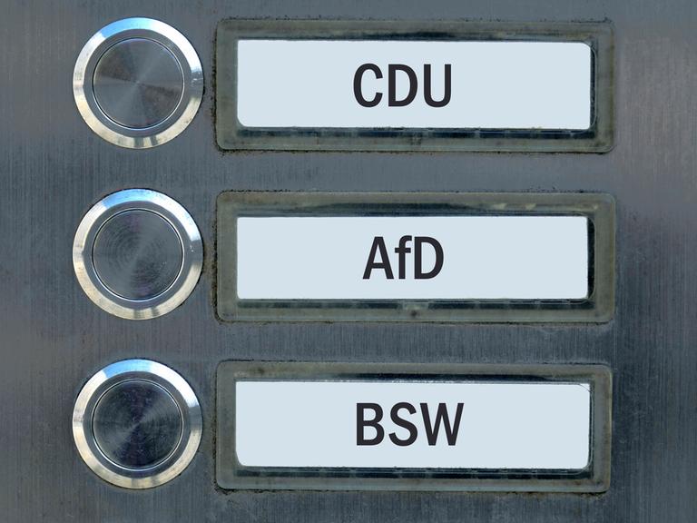 Klingelschilder mit den Parteien CDU, AfD und BSW