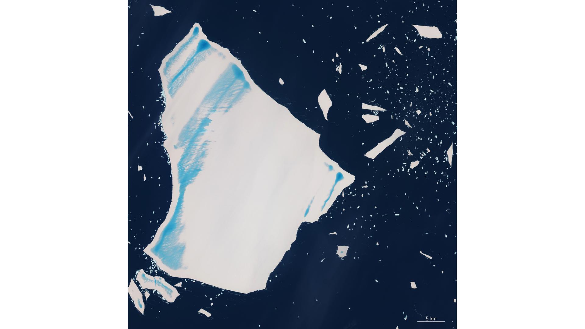 Auf dieser von der europäischen Raumfahrtbehörde ESA bearbeiteten Aufnahme eines Sentinel-Satelliten ist der Eisberg A23a im Südatlantik zu sehen. 