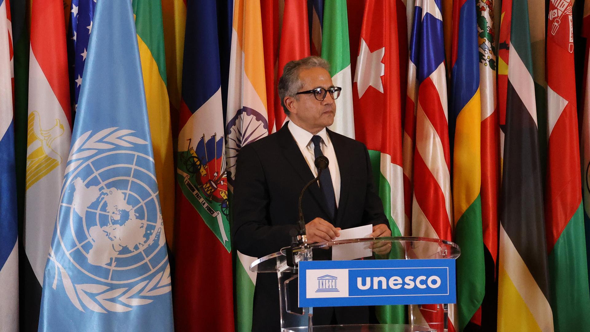 Khaled Ahmed El-Enany spricht vor mehreren Landesfahnen. Khaled Ahmed El-Enany spricht vor mehreren Landesfahnen.