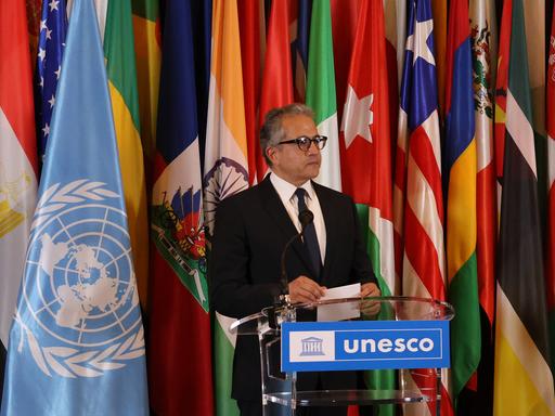 Khaled Ahmed El-Enany spricht vor mehreren Landesfahnen. Khaled Ahmed El-Enany spricht vor mehreren Landesfahnen.