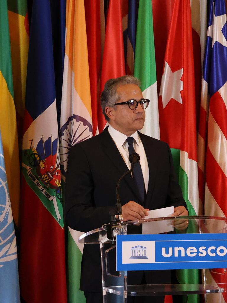 Khaled Ahmed El-Enany spricht vor mehreren Landesfahnen. Khaled Ahmed El-Enany spricht vor mehreren Landesfahnen.