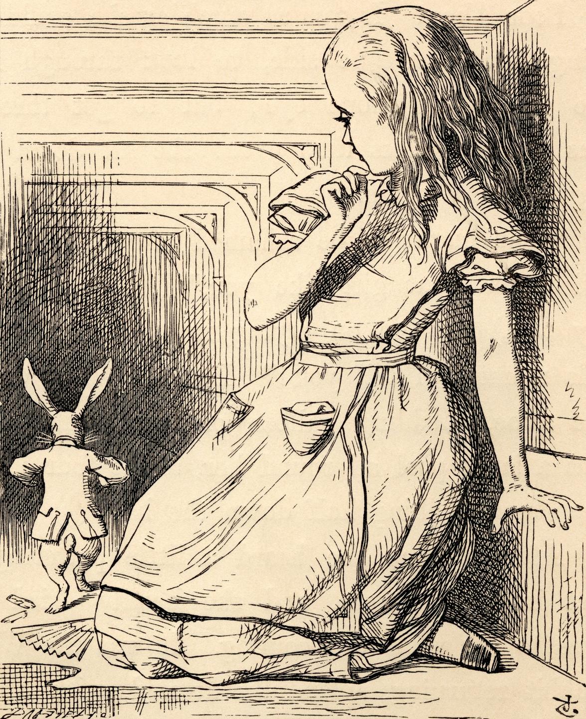 "Das weiße Kaninchen" in einer Illustration von John Tenniel aus dem Buch "Alices Adventures In Wonderland" von Lewis Carrol" aus dem Jahr 1891.