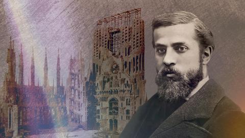Illustration: Porträt von Antoni Gaudí, katalanischer Architekt und Designer und bekanntester Vertreter des katalanischen Modernismus mit der Baustelle der Basílica Sagrada Família in Barcelona, Katalonien, Spanien;  digital bearbeitet