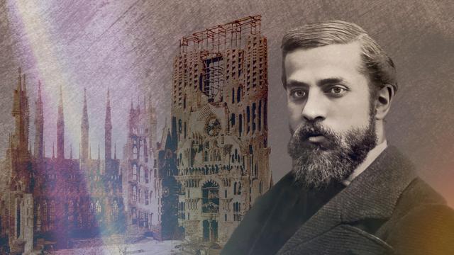 Illustration: Porträt von Antoni Gaudí, katalanischer Architekt und Designer und bekanntester Vertreter des katalanischen Modernismus mit der Baustelle der Basílica Sagrada Família in Barcelona, Katalonien, Spanien;  digital bearbeitet