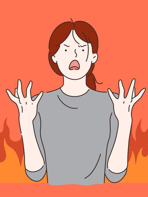 Illustration einer Frau mit erhobenen Händen, die in Flammen steht und offensichtlich Schmerzen erleidet 
