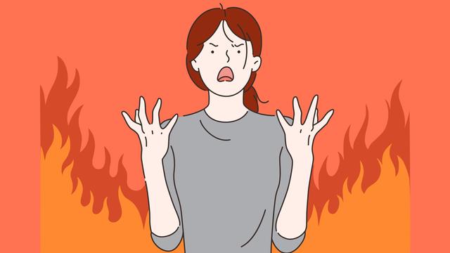 Illustration einer Frau mit erhobenen Händen, die in Flammen steht und offensichtlich Schmerzen erleidet 