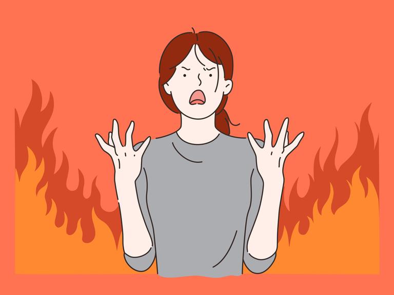 Illustration einer Frau mit erhobenen Händen, die in Flammen steht und offensichtlich Schmerzen erleidet 