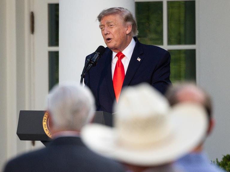 Donald Trump spricht an einem Rednerpult zu einer Gruppe von Menschen. Im Vordergrund steht eine Person mit einem großen Cowboyhut.