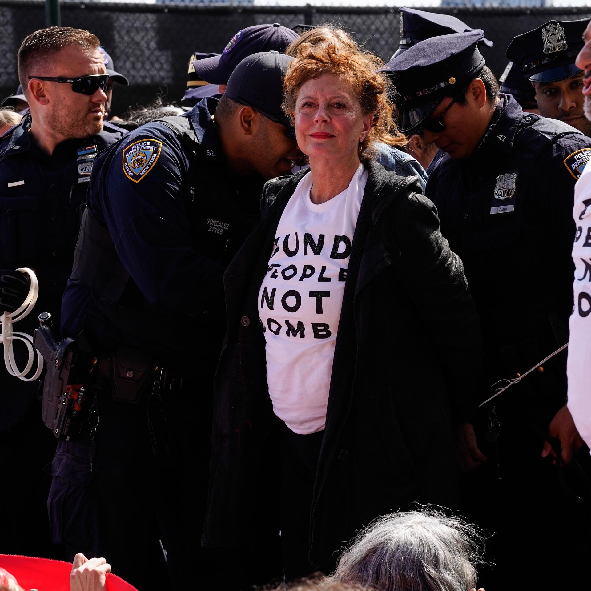 Susan Sarandon, center, and other demonstrators are arrested ahead of Israeli Prime Minister Benjamin Netanyahu's address at the 81st session of the United Nations General Assembly, Thursday, Sept. 24, 2026, in New York. (AP Photo/Madison Swart)