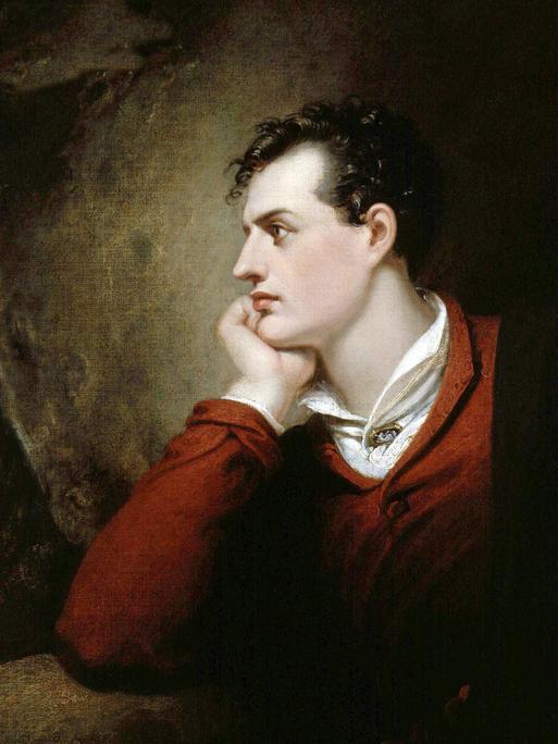 Porträtgemälde von 1813 eines jungen Mannes mit braunen Locken, gekleidet in eine rote langärmelige Weste. Darunter blitzt der Kragen eines weißen Hemdes hervor, über der Schulter liegt ein dunkler Stoff.