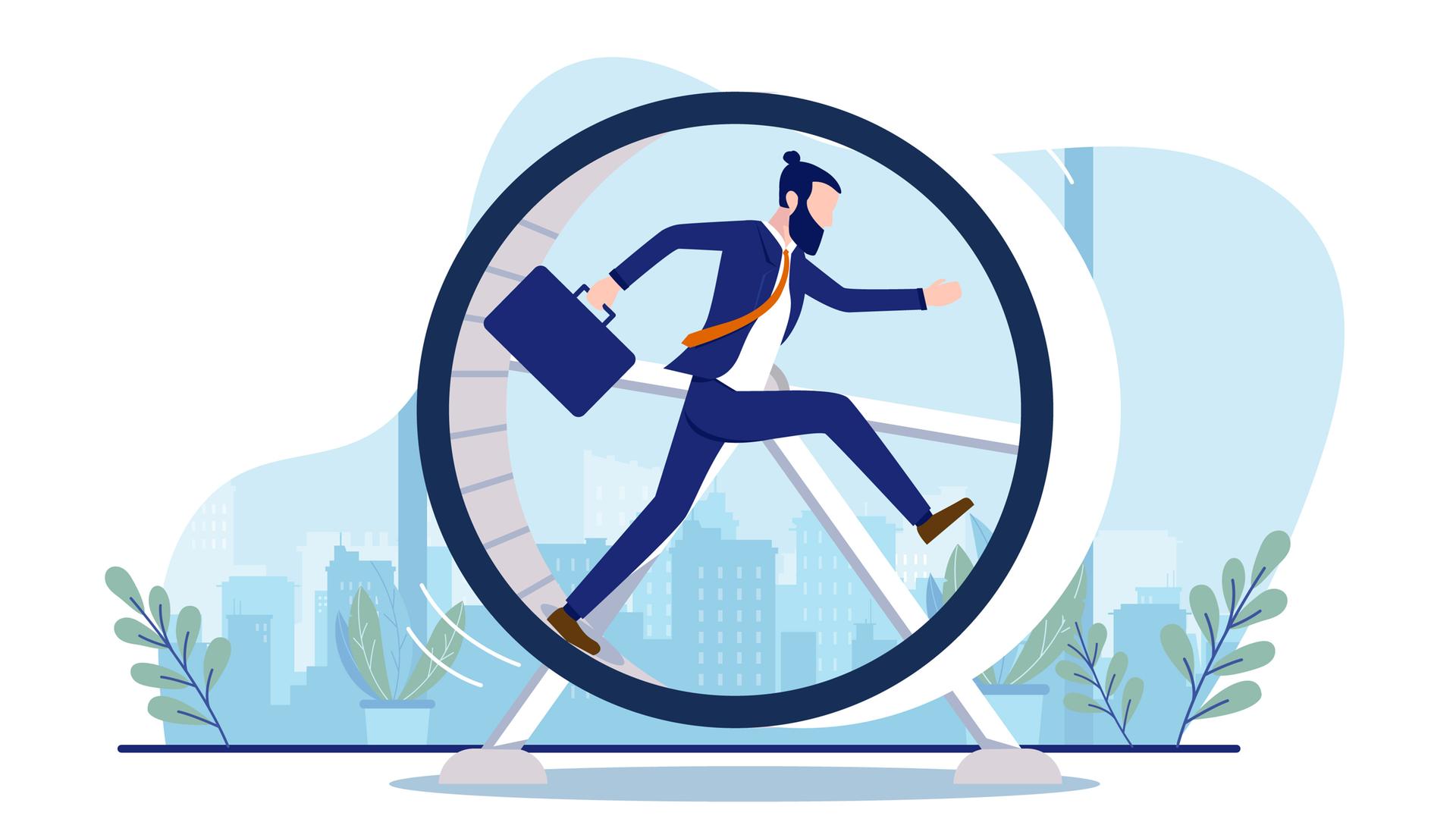 Illustration einer Person mit Anzug, die in einem Hamsterrad läuft. 