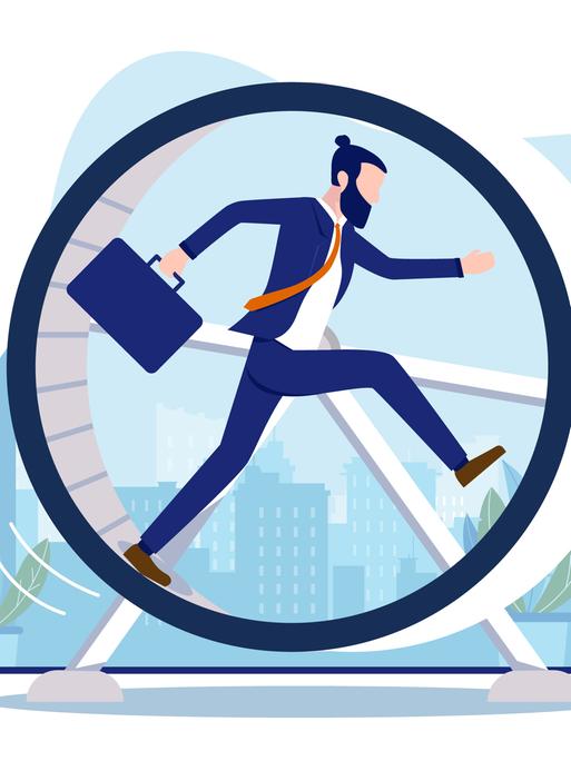 Illustration einer Person mit Anzug, die in einem Hamsterrad läuft. 