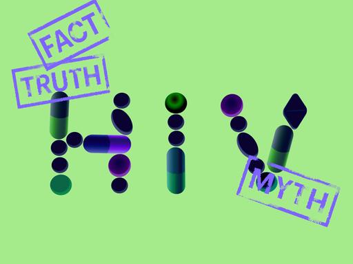 Grüner Hintergrund, zentral im Bild die Buchstaben HIV und Stempelabdrücke "Fact, Truth, Myth", Buchstaben lösen sich weiter auf