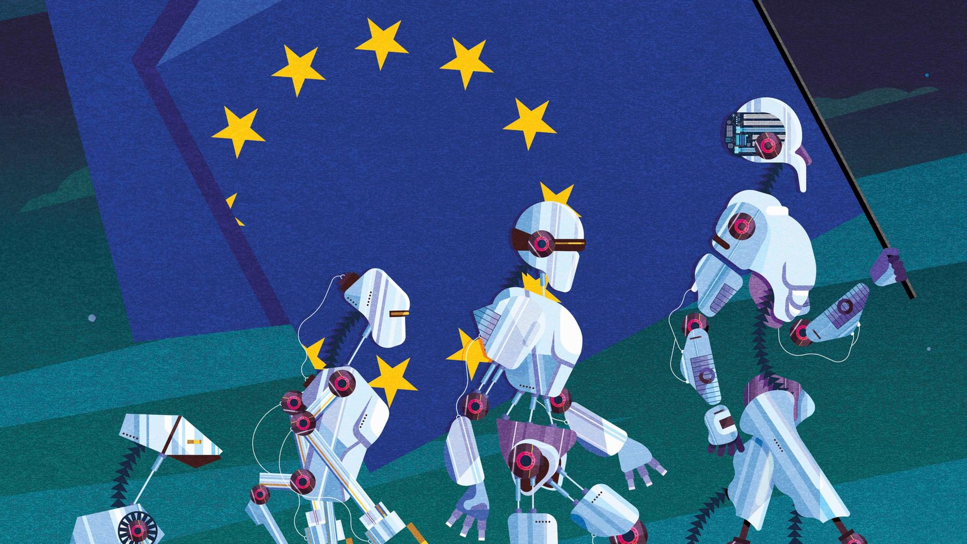 Illustration: Evolution von Robotern tragen Flagge der Europäischen Union.