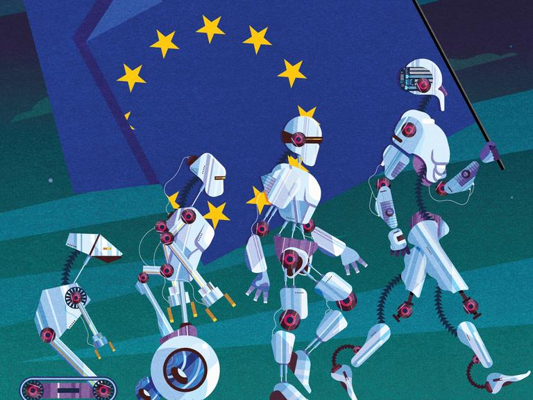 Illustration: Evolution von Robotern tragen Flagge der Europäischen Union.