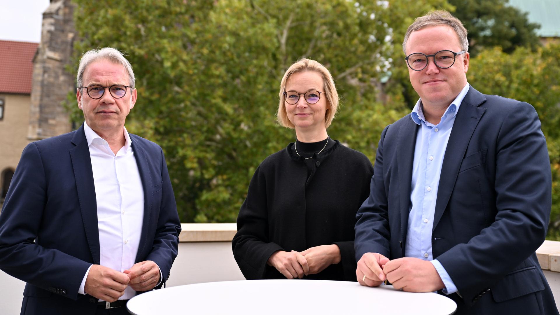 Georg Maier (SPD), Katja Wolf (BSW), Mario Voigt (CDU) nach den Sondierungsgesprächen in Erfurt.