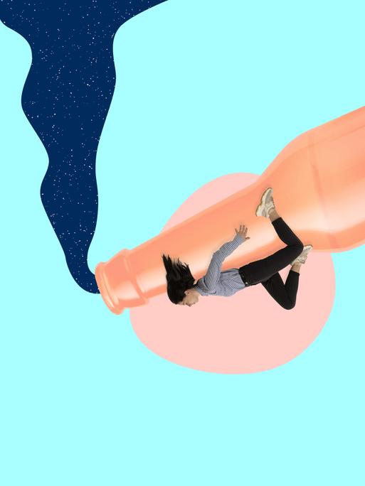 Illustration einer Flasche, deren Inhalt gegen die Schwerkraft nach oben fließt, während eine Frau am unteren Flaschenhals liegt.