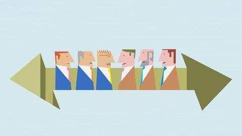Illustration: Männer in einem Pfeil, der nach Links und nach Rechts zeigt, schauen sich an.