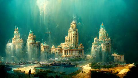 Malerische Illustration vom Mythos der untergegangenen Stadt Atlantis.