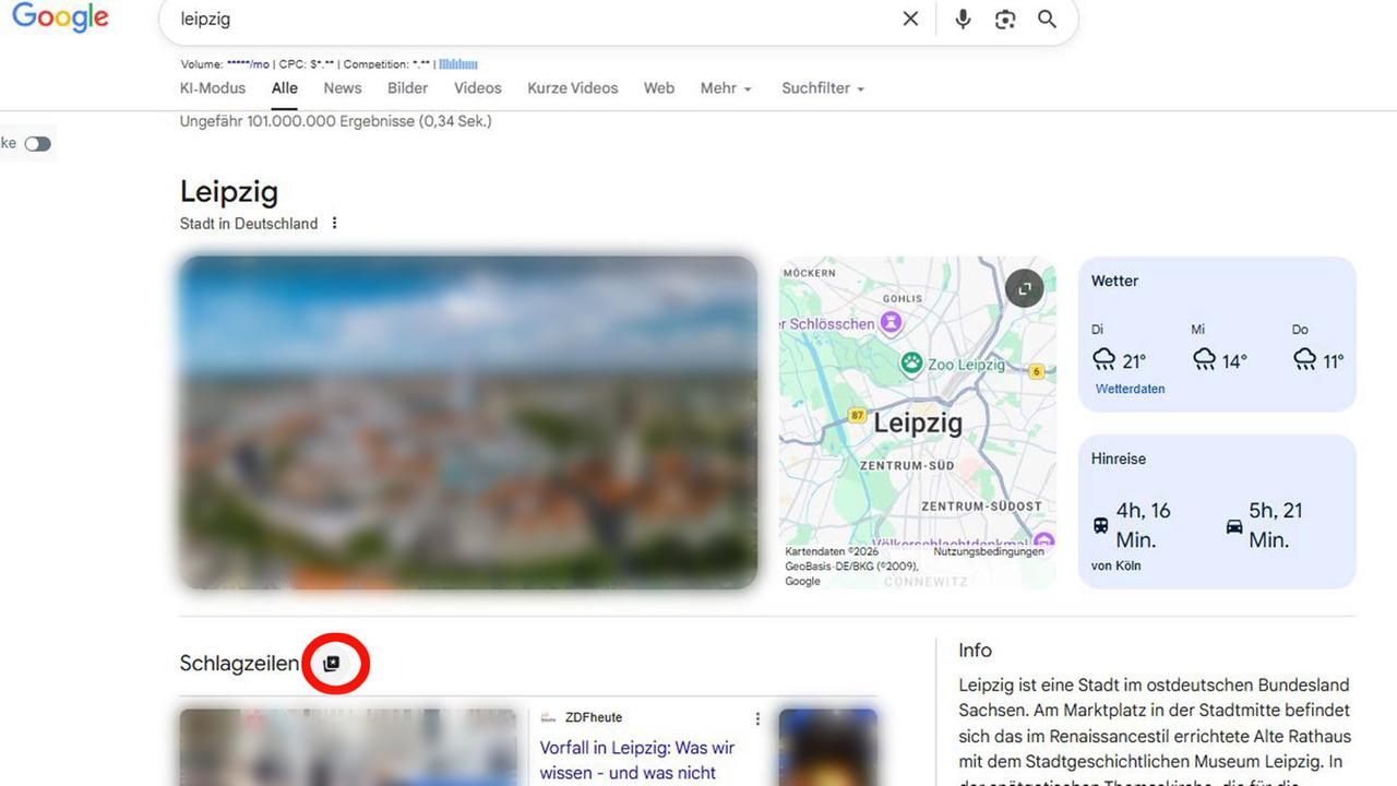 Typische Suchergebnisseite von Google mit der Ausspielung von Nachrichten. 