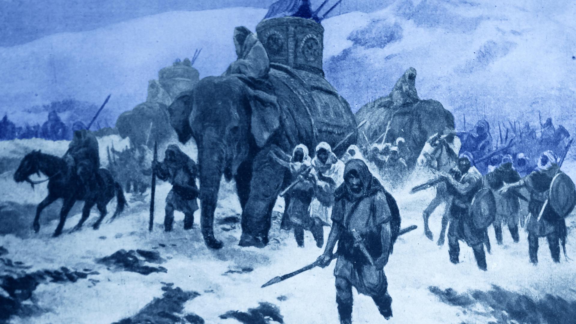Ein Gemälde zeigt Soldaten und Elefanten die durch Schnee über die Alpen wandern.