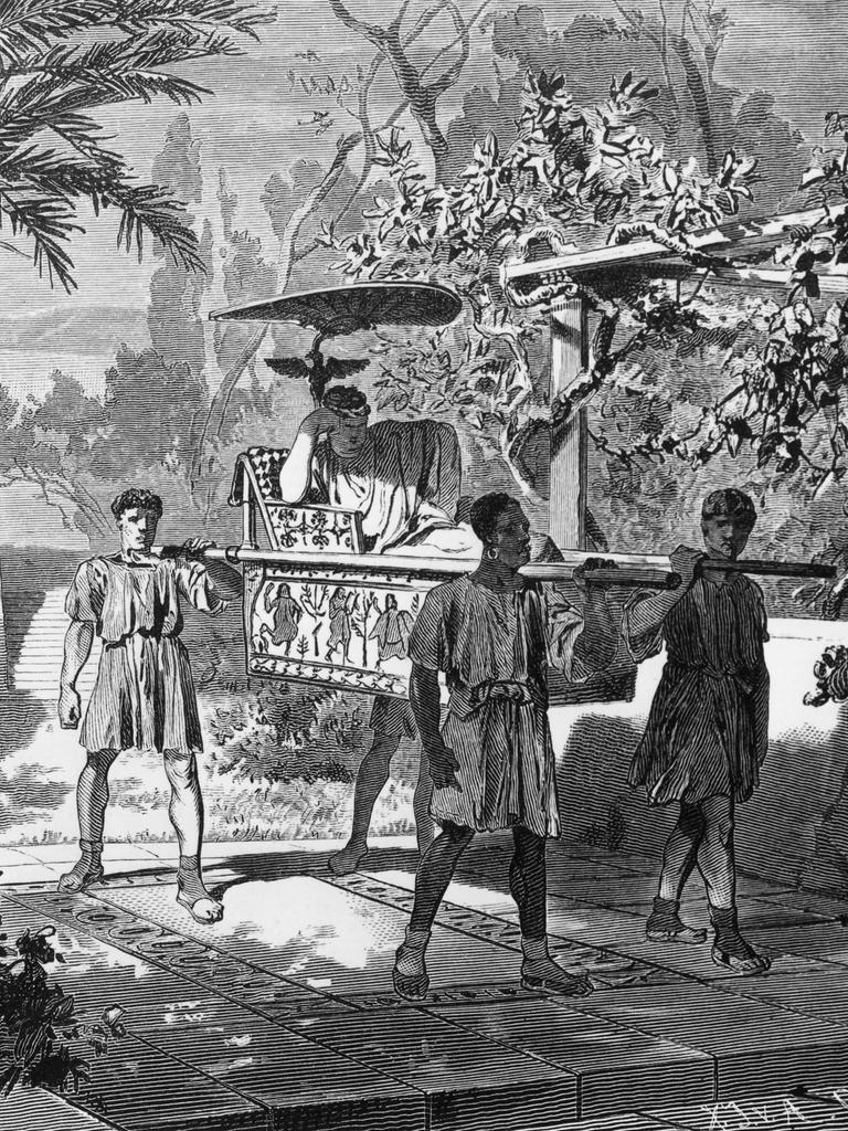 Holzstich einer römischen Gartenszene. Ein Mann wird von Sklaven auf der Lectica durch einen Garten getragen.