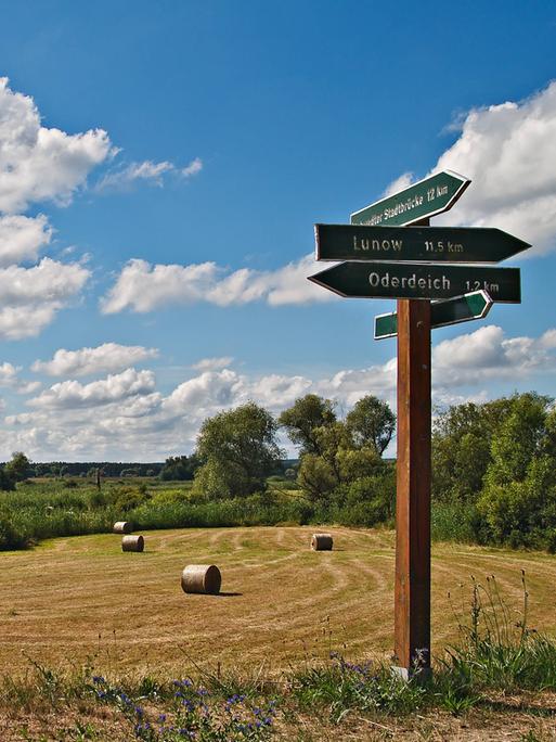 Neben einem abgeernteten Feld mit Strohballen zeigt ein Wegweiser die Entfernung zum Oderdeich und dem Dorf Lunow in Brandenburg an.
