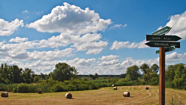 Neben einem abgeernteten Feld mit Strohballen zeigt ein Wegweiser die Entfernung zum Oderdeich und dem Dorf Lunow in Brandenburg an.