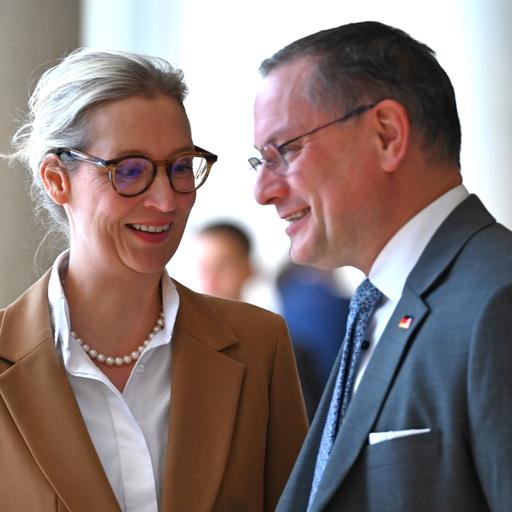 Die beiden AfD-Vorsitzenden Alice Weidel und Tino Chrupalla unterhalten sich in heiterer Stimmung