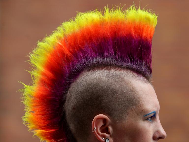 Ein Punk mit Irokesenschnitt in den Farben Lila, Rot und Gelb.